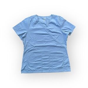 RX Gear women’s v-neck mock wrap style scrubs short sleeve top size L blue